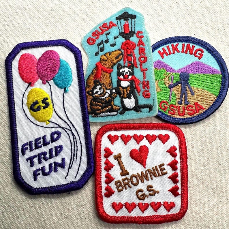 Vintage 1990s Girl Scout Fun Patches: Caroling, Hiking, Field trip - sold separately image 1