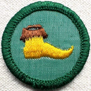 May include: Embroidered patch with a green border and a teal background. The patch features a brown and yellow design, possibly a stylized representation of a mustache or a similar emblem. The patch is circular in shape.