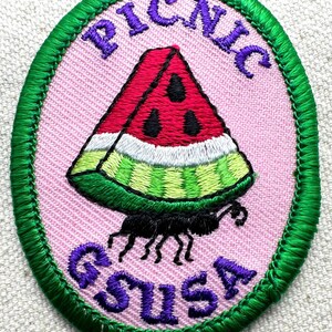 May include: Embroidered patch with a pink oval background and a green border. The patch features a watermelon slice with black seeds, a black ant, and the words "PICNIC" and "GSUSA" in purple.