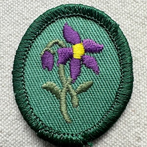 Pode incluir: Patch bordado com uma flor roxa com centro amarelo e caule e folhas verdes. A flor est&aacute; sobre um fundo verde dentro de uma borda oval escura. Para roupas ou bolsas.