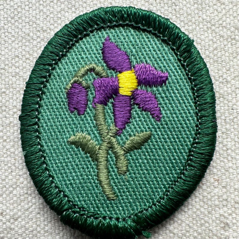 Pode incluir: Patch bordado com uma flor roxa com centro amarelo e caule e folhas verdes. A flor est&aacute; sobre um fundo verde dentro de uma borda oval escura. Para roupas ou bolsas.