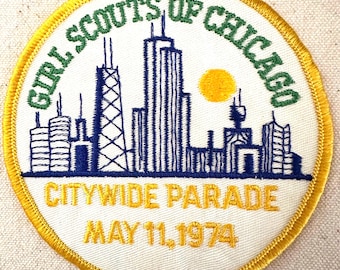 Vintage 1974 Girl Scout Event Patch: Chicago Citywide Parade – May 11, 1974 – Chicago Skyline Embroidered