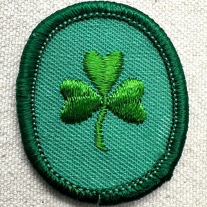 May include: An embroidered patch featuring a green shamrock on a teal background. The shamrock is detailed with textured stitching, and the patch has a dark green border with a stitched edge. The patch is oval-shaped.