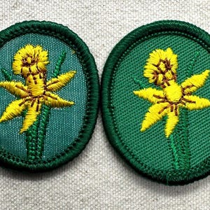 May include: Two embroidered patches featuring a yellow daffodil design on a green background. The daffodil has a detailed center and six petals. The patches are oval-shaped with a dark green border.