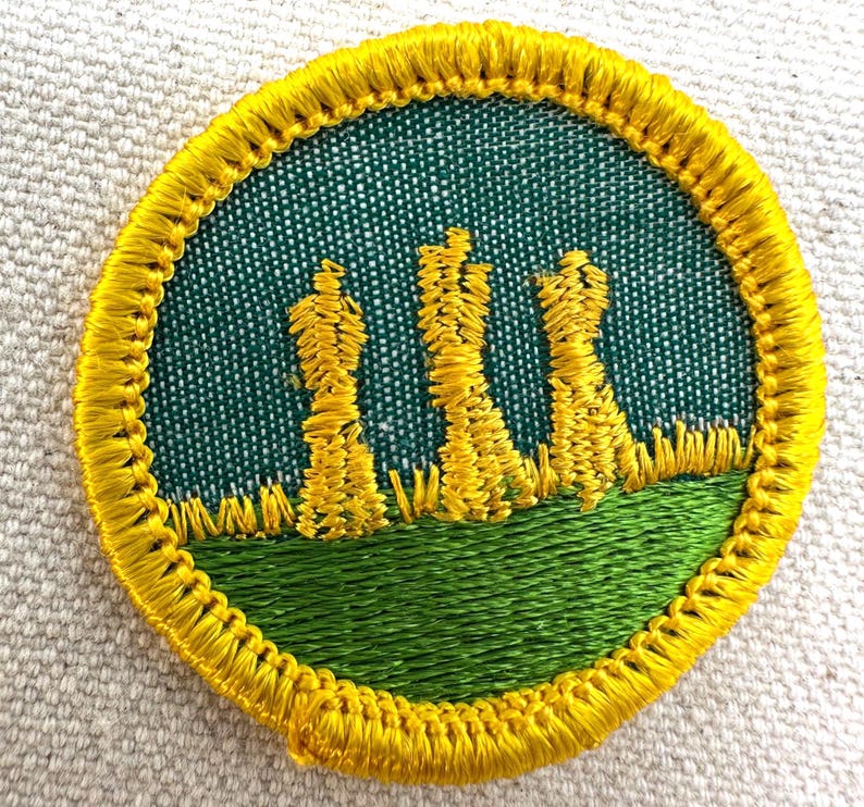 Pu&ograve; includere: Toppa ricamata con un design circolare. La toppa presenta uno sfondo verde con un bordo giallo. Il design include tre spighe di grano gialle su un campo verde. La toppa &egrave; probabilmente per un'organizzazione scout o simile.
