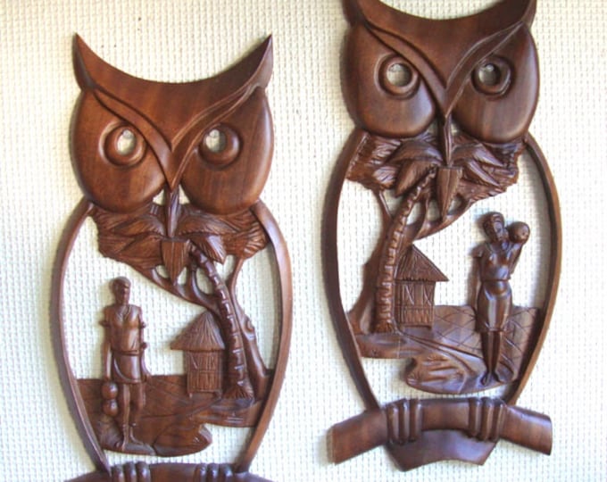 Vintage 60s Wooden Owl Wall Hanging Pair of 2 Hand Carved Etsy