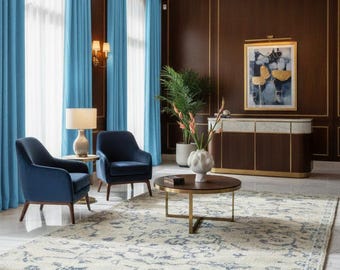 Hand Tufted Wool Area Rug, Ivory Blue Floral Medallion, Living Room Rug, Custom Size Available