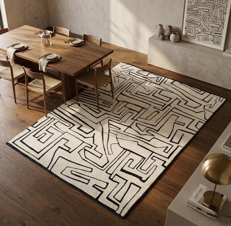 Lined Pattern Rug Black and White Handknotted Rug, Abstract Line Design Carpet, Modern ...