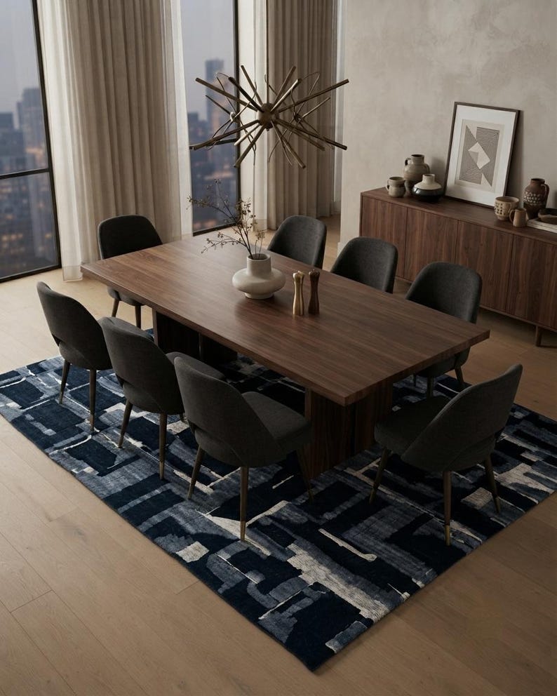 Hand Knotted Abstract Area Rug, Navy Blue Gray Geometric Wool Carpet ...