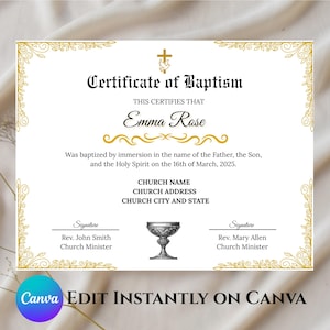 Certificado de plantilla de bautismo editable, certificado de bautismo imprimible, certificados de bautismo de bebé personalizados, plantilla de iglesia de Canva.