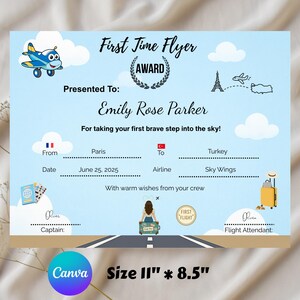 Mein erstes Flugzertifikat, personalisierter Luftfahrt-Meilensteinpreis, bearbeitbares Flugzeug-Andenken, Baby-Kinderreise-Andenken zum Ausdrucken