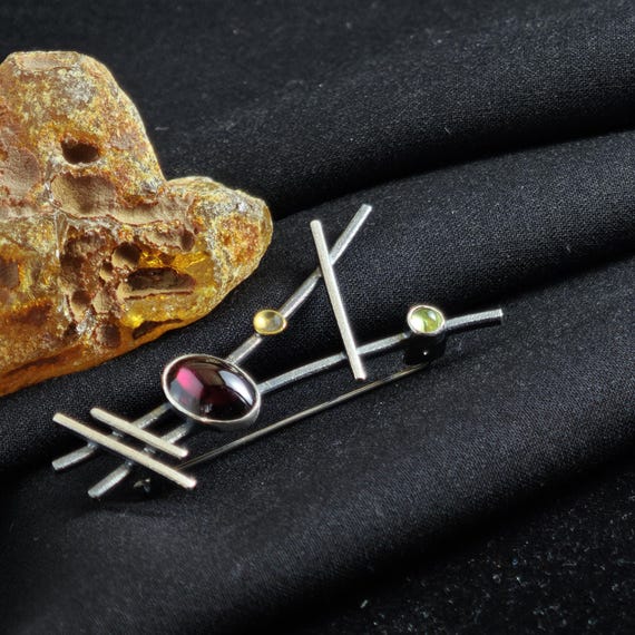Mother Day Gift Handcrafted Geometric Brooch, Silver-Tone Stick Pin with Natural Gemstones, Modern Scarf Jewelry