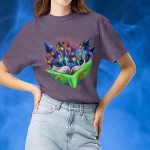 Toon World Shirt Purple – YuGiOh Spell Card Tee – Cartoon Magic Airbrush Shirt – Duel Monster Nostalgia – Retro TCG Gift Top - Pot of Greed