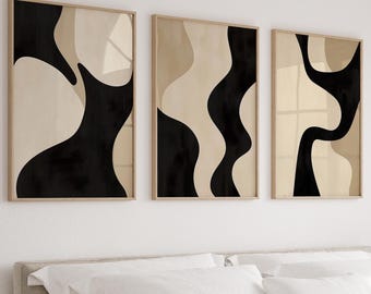 Simple Neutral Minimal Abstract Beige Black Set of 3 Prints Gallery Wall Art Modern Above Bed Neutral Prints Living Room Decor Digital Art