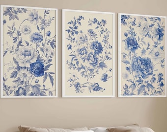 Set di 3 stampe artistiche da parete in stile moderno di metà secolo, stampe astratte neutre, stampe artistiche in stile cinese, stampe artistiche floreali blu da parete stampabili