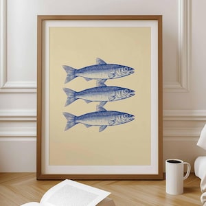Retro Sardines Print: Navy Blue Kitchen Wall Art (Digital Download)