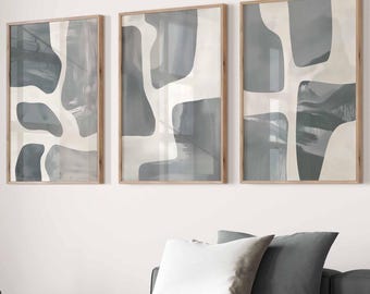 Modern Abstract Gallery Wall Art Set Of 3 Printable Minimalist Neutral Beige Blue Wall Art Modern Organic Shapes Print Set For Living Room