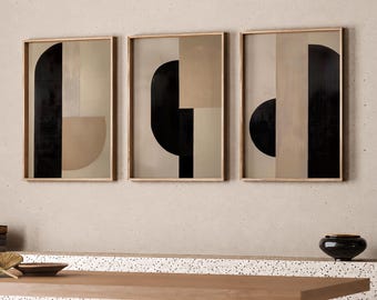 Wabi Sabi Geometric Abstract Beige Black Art Set Of 3 Prints Minimalist Modern Wall Art Neutral Gallery Wall Printable Digital Oil Painting