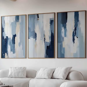 ネイビーブルーの大型抽象画ウォールアート、ミニマリスト抽象画ブループリント3枚セット、現代アートプリント、モダンなパステルブルーのニュートラルなウォールアート