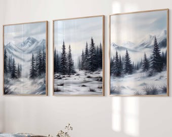 Verschneite Winterlandschaft Wald Bergwand Kunst 3er Set druckbare gemütliche Weihnachtswald Landschaftsdruck gemütliche nordische Winter Wohnkultur