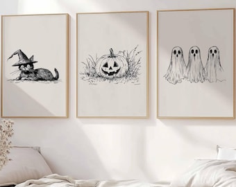 Vintage Halloween Ghost Print Set Of 3 Printable Wall Art Cat Print Spooky Halloween Pumpkin Art Halloween Minimalist Line Art Gothic Prints