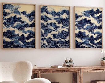Japandi Abstract Navy Blue Prints Zen Wall Art Set Of 3 Prints Mid Century Japanese Waves Poster Minimalist Gallery Wall Art Scandi Prints