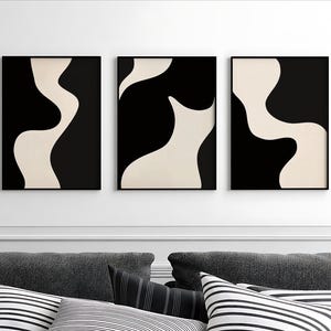 Minimalistische abstracte zwart-beige kunst Set van 3 prints neutrale abstracte kunst Galerie muur prints slaapkamer muur decor moderne abstracte vormen kunst