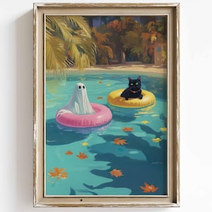 Summerween Cute Ghost Cat Pastel Printable Wall Art Gothic Halloween Pool Party Decor Cute Spooky Black Cat Swimming Pool Party Halloween