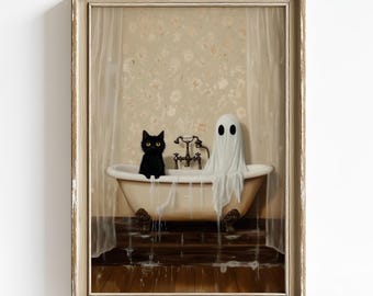 May include: A framed wall art print featuring a clawfoot bathtub with a black cat and a white ghost draped in a sheet sitting inside. The scene is set against a floral wallpaper background with sheer curtains hanging on both sides of the tub.