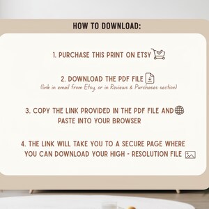 K&ouml;nnte beinhalten: Beiger Digitaldruck mit Anweisungen zum Herunterladen eines auf Etsy gekauften Artikels. Der Text beschreibt die Schritte zum Kauf, zum Herunterladen einer PDF-Datei, zum Kopieren eines Links und zum Herunterladen einer hochaufl&ouml;senden Datei.