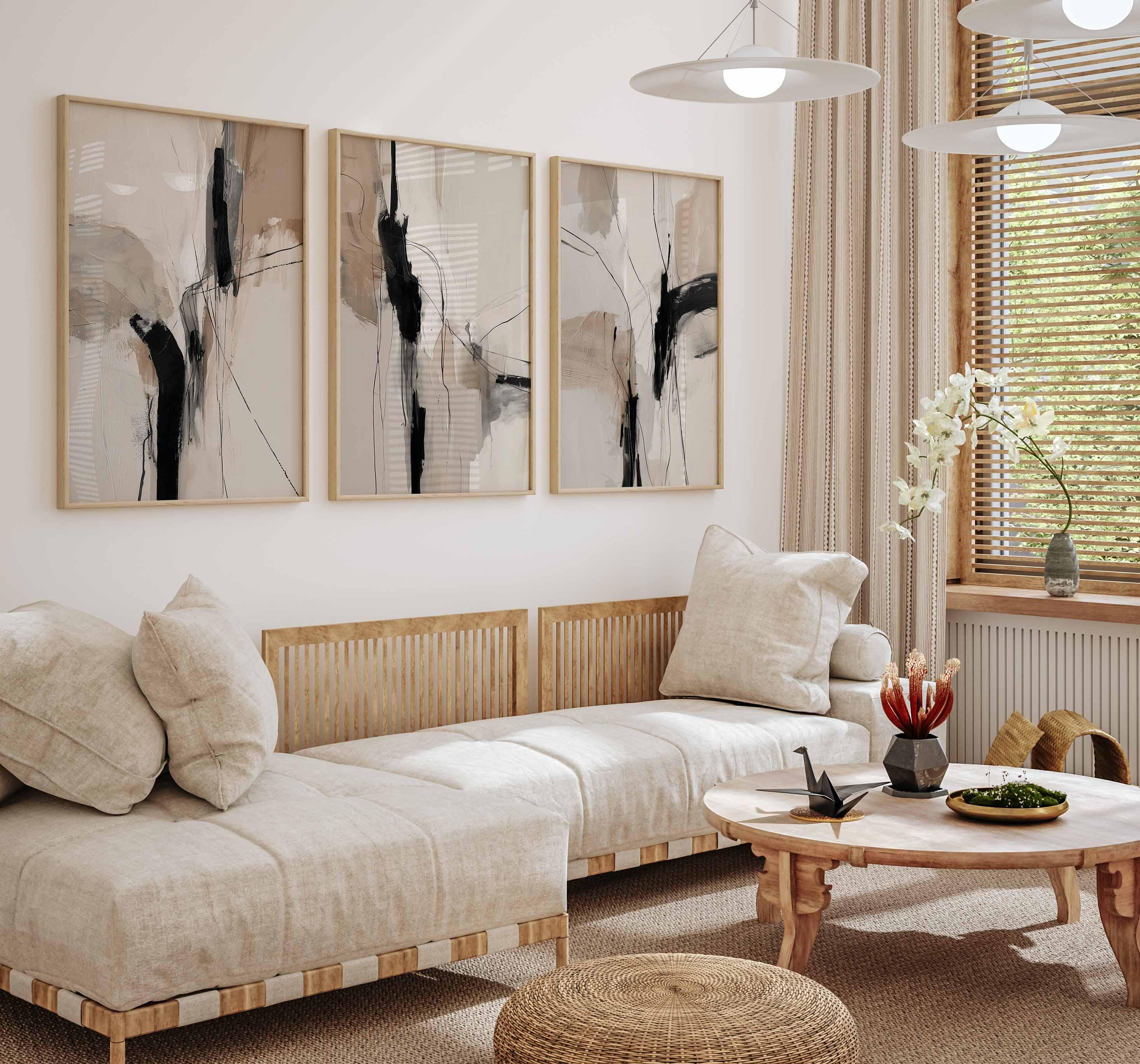 Beige and Black Set of 3 Printable Abstract Neutral Art Modern Bedroom ...