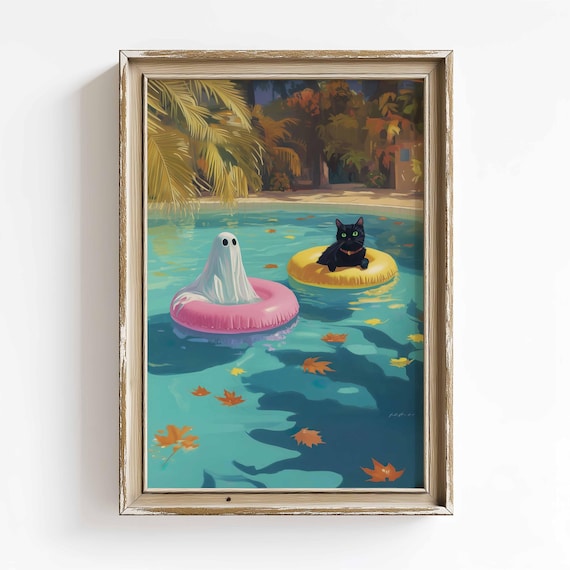 Cute Ghost Halloween Cat Print Spooky Halloween Pool Party Decor Print Gothic Wall Art Halloween Ghost Print Summerween Vibes Digital Print