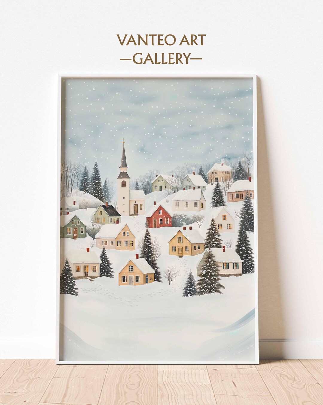Vintage Christmas Village Wall Art Snowy Town Print Winter Landscape ...