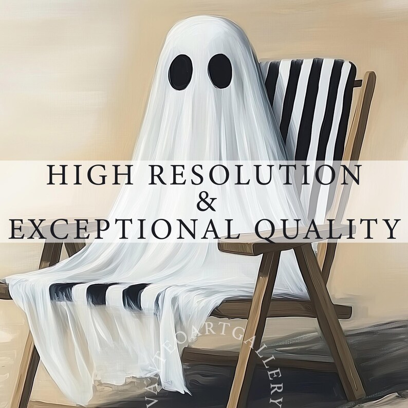 K&ouml;nnte beinhalten: Eine wei&szlig;e Geisterfigur mit zwei schwarzen Augen sitzt in einem Holz-Strandstuhl mit schwarz-wei&szlig; gestreiftem Stoff. Das Bild hat den Text "HIGH RESOLUTION & EXCEPTIONAL QUALITY".