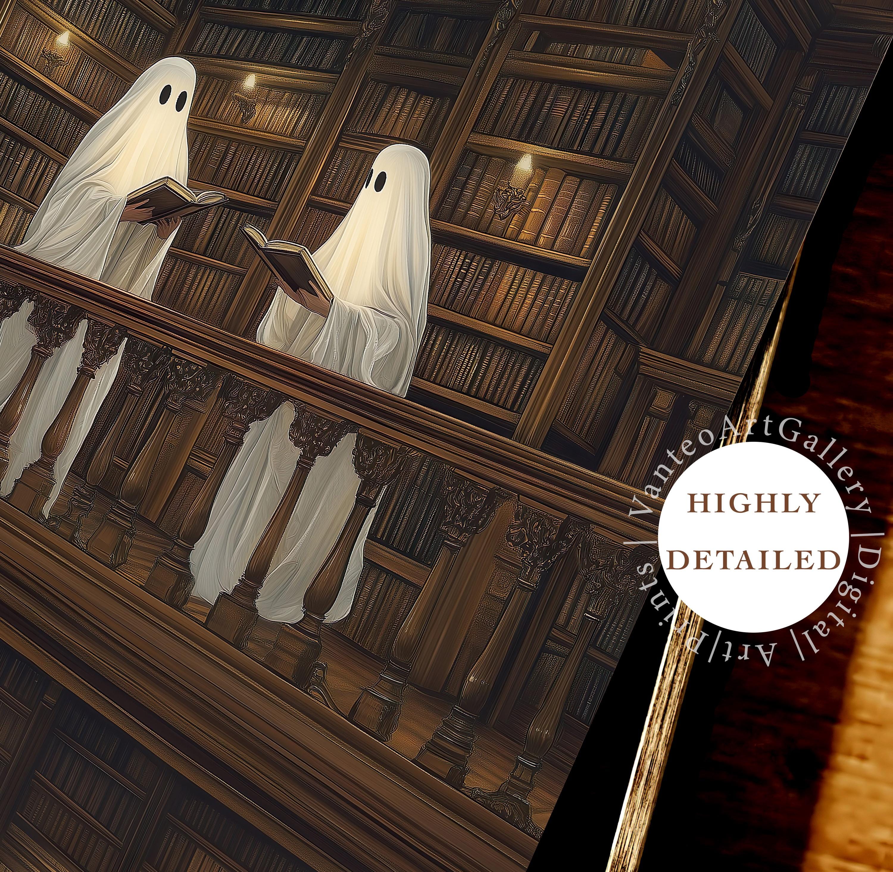 Vintage Halloween Dark Academia Ghost Library Print Spooky Gothic ...