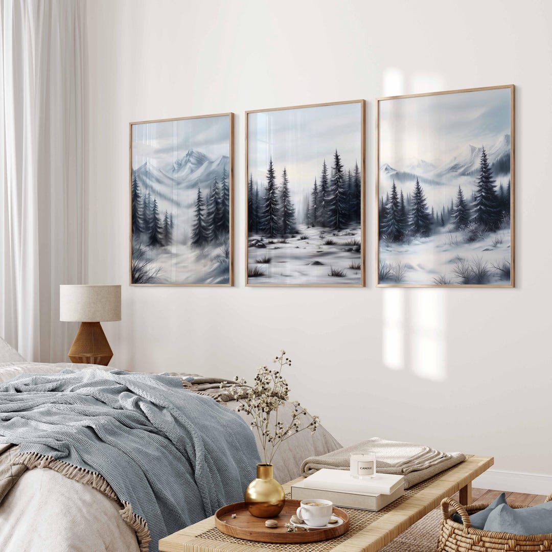 Snowy Winter Landscape Forest Mountain Wall Art Set of 3 Printable Cozy ...