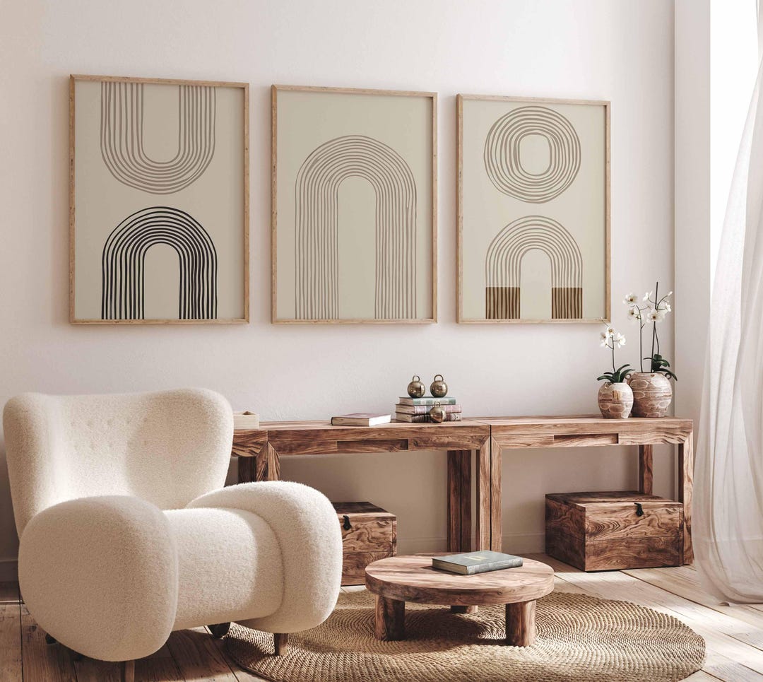 Neutral Minimalist Boho Geometric Abstract Line Art Arch Wall Art Set ...