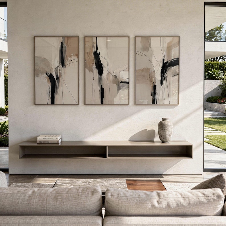 Beige and Black Set of 3 Printable Abstract Neutral Art Modern Bedroom ...