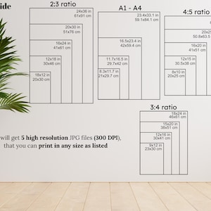 K&ouml;nnte beinhalten: Wandkunst-Gr&ouml;&szlig;en&uuml;bersicht mit verschiedenen Seitenverh&auml;ltnissen und Abmessungen in Zoll und Zentimetern. Enth&auml;lt 2:3, A1-A4, 4:5, 11x14 und 3:4 Verh&auml;ltnisse. Der Text besagt, dass Sie 5 hochaufl&ouml;sende JPG-Dateien erhalten.