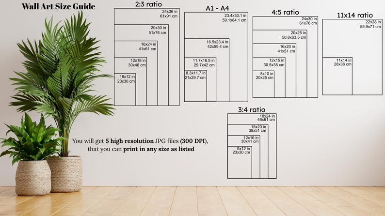 K&ouml;nnte beinhalten: Wandkunst-Gr&ouml;&szlig;en&uuml;bersicht mit verschiedenen Seitenverh&auml;ltnissen und Abmessungen in Zoll und Zentimetern. Enth&auml;lt 2:3, A1-A4, 4:5, 11x14 und 3:4 Verh&auml;ltnisse. Der Text besagt, dass Sie 5 hochaufl&ouml;sende JPG-Dateien erhalten.