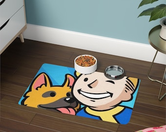Fallout Inspired Playful Pet Food Mat - Fun Dog Design, Ideal for Pet Lovers, Dog Owners Gift, Kitchen Decor, Colorful Pet Accessory