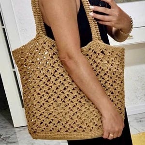 Handgemachte häkeln Papiergarn Tasche mit Lederriemen - Umweltfreundliche ungefütterte Sommer Tasche - Leichte Boho Schultertasche