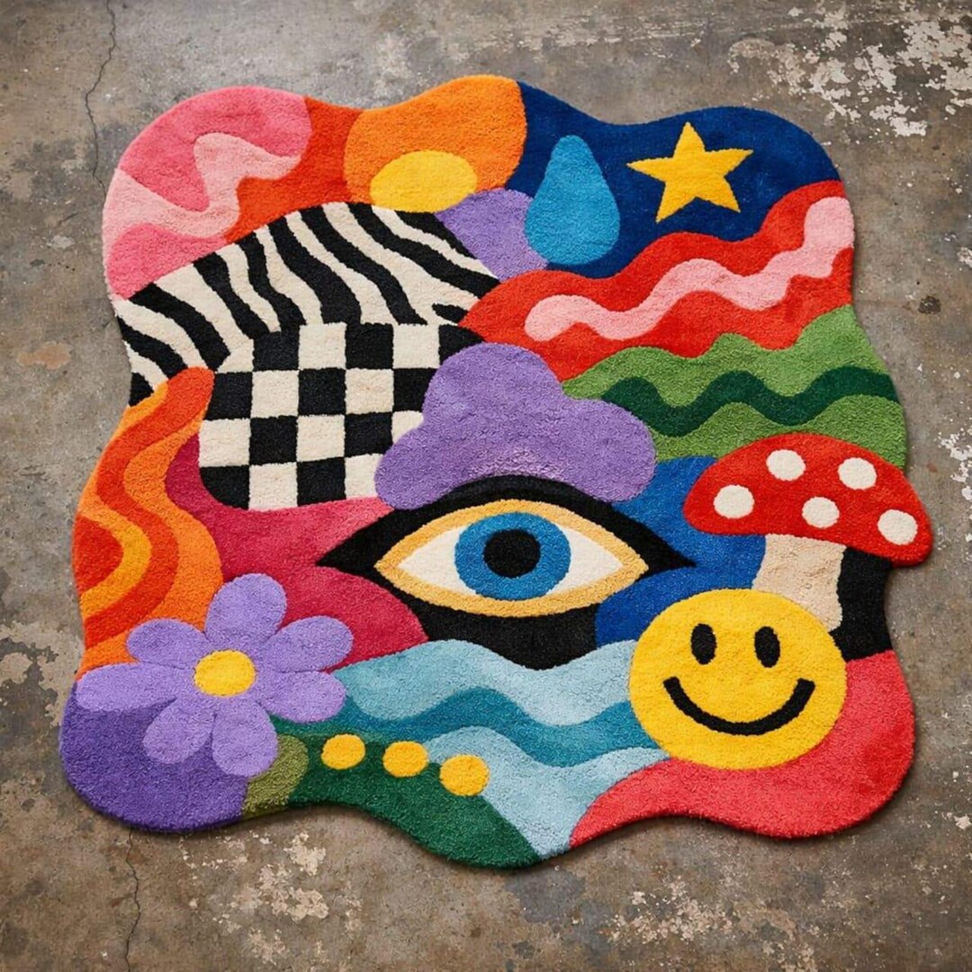 Hand Tufted Psychedelic Rug – Eye, Smile, Mushroom Art Decor - Etsy