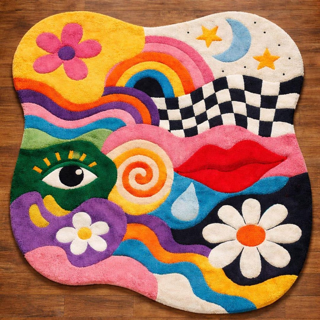 Maximilast Rug Pop Art Wavy Rug, Retro Abstract Rainbow Accent, Bold Maximalist Decor ...