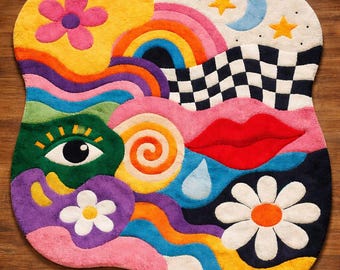 Falisty dywan w stylu pop-art, retro abstrakcyjny akcent tęczowy, odważny, maksymalistyczny wystrój