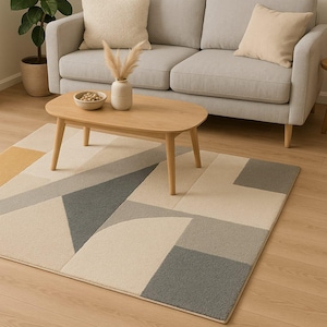 Modern Geometric Handtufted Rug – Beige Grey Abstract Area Carpet for Living Room or Bedroom Decor