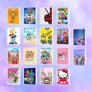 Puede incluir: Una colección de cuadernos coloridos con varios personajes y diseños de dibujos animados. Los cuadernos muestran personajes como Garfield, Paw Patrol, Deadpool y otros. Los cuadernos son rectangulares y tienen un acabado brillante.