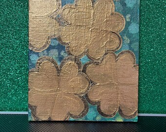 Trébol de la suerte: acrílico dorado sobre lienzo, 13 x 18 cm, decoración del hogar
