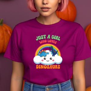 Just a Girl Who Loves Dinosaurs Unisex T Shirt Adorable Rainbow, Kawaii Cloud, and Fun Cartoon Dino Design