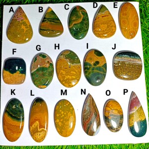 May include: A collection of sixteen polished, multi-colored cabochon gemstones arranged in a grid on a white background, labeled A through P. Each stone features unique patterns and earthy tones including green, yellow, brown, and red.
